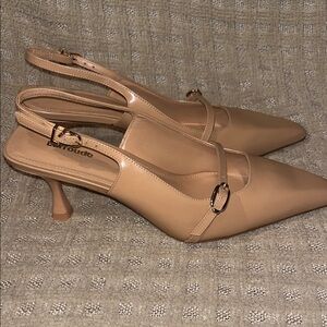 Larroude Tan Pointed Toe Slingback Mules